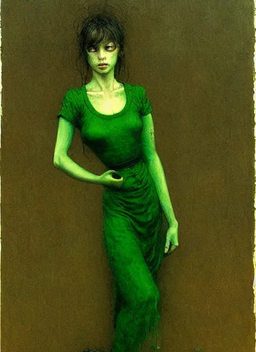 Image similar to young tavern maid in green dress by Beksinski and Luis Royo