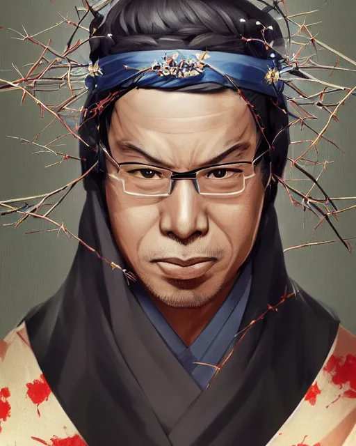 Image similar to an anime portrait of najib razak as a beautiful man wearing a kimono and a crown of thorns from skyrim, by stanley artgerm lau, wlop, rossdraws, james jean, andrei riabovitchev, marc simonetti, and sakimichan, trending on artstation