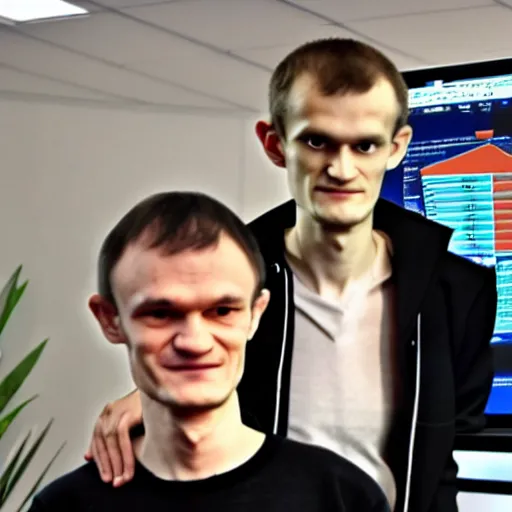 Image similar to picture of vitalik buterin and satoshi nakamoto in front of a computer