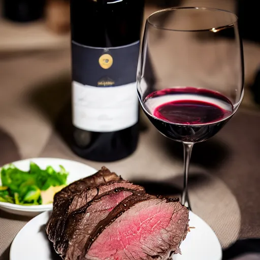 Image similar to perfect beautiful wine beef roast served in michelin star restaurant, bokeh, captured on canon eos r 6