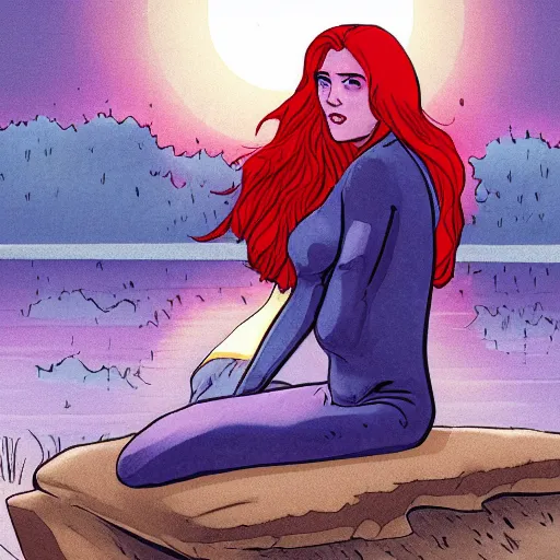 Prompt: a beautiful comic book illustration of a woman with long red hair sitting near a lake at night by dave gibbons, featured on artstation