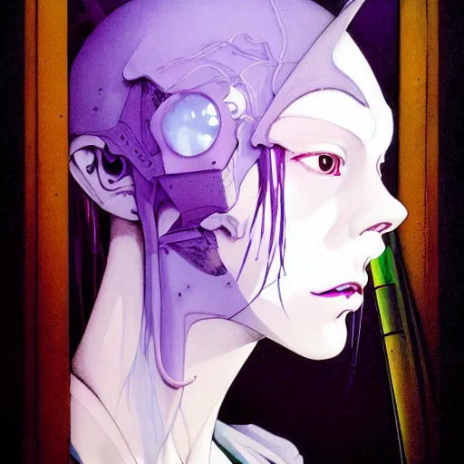 Image similar to prompt : pale violet and deep green portrait inside window soft light painted by james jean and katsuhiro otomo and erik jones, inspired by evangeleon anime, smooth face feature, intricate oil painting, high detail illustration, sharp high detail, manga and anime 1 9 9 9