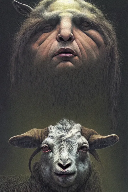 Image similar to painting of hybrid between human andy milonakis and a goat, by zdzislaw beksinski, by tiffany bozic, cold hue's, warm tone gradient background, concept art, beautiful composition, digital painting