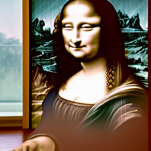 Prompt: casual photograph of a woman sitting in a studio room pensively, with the poise and appearance of the mona lisa, taken in 2 0 1 9 with a digital camera, full color, head shot