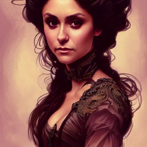 Prompt: Nina Dobrev dressed in a victorian fashion, D&D, fantasy, intricate, elegant, highly detailed, digital painting, artstation, concept art, matte, sharp focus, illustration, art by Artgerm and Greg Rutkowski and Alphonse Mucha