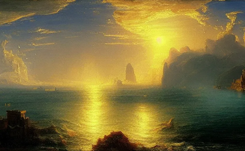 Prompt: a city of light and gold under the ancient runs of the ocean painted by thomas cole