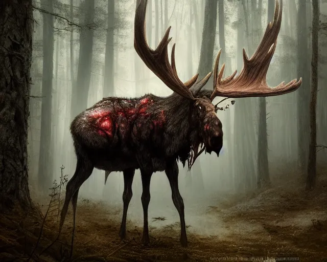 Image similar to 5 5 mm portrait photo of an armored demonic undead rotting moose with red eyes antlers and looking at the camera, in a magical forest. magical atmosphere. art by greg rutkowski and luis royo. highly detailed 8 k. intricate. lifelike. soft light. nikon d 8 5 0.