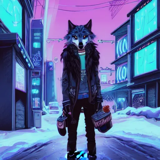 Image similar to beautiful furry art portrait commission of a furry anthro wolf fursona wearing punk clothes in the streets of a cyberpunk city at night in the snow. neon signs. character design by charlie bowater, ross tran, rick griffin, miles df, detailed, inked, western comic book art