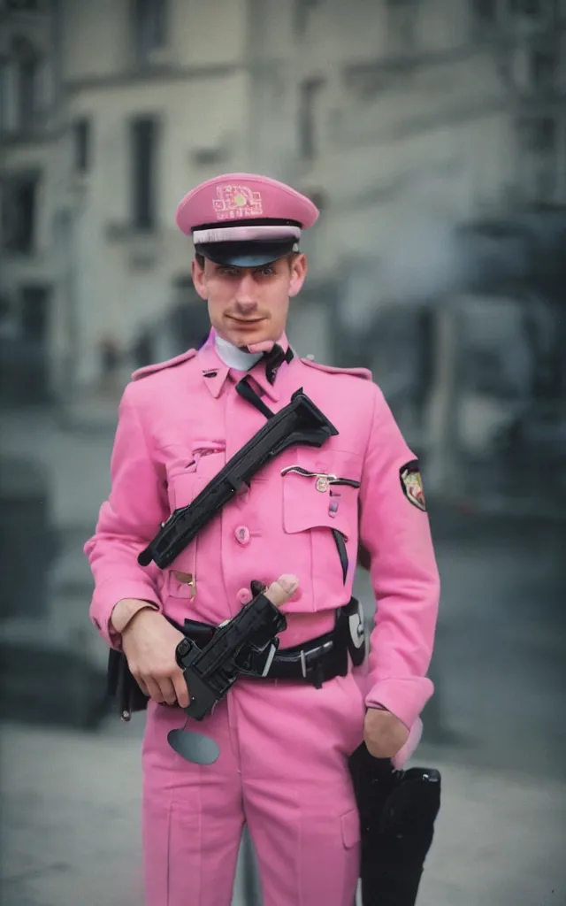 Image similar to a young male Austrian police man in a pink uniform smoking weed, hyperrealistic portrait, 50mm, 1.4, kodak portra, studio