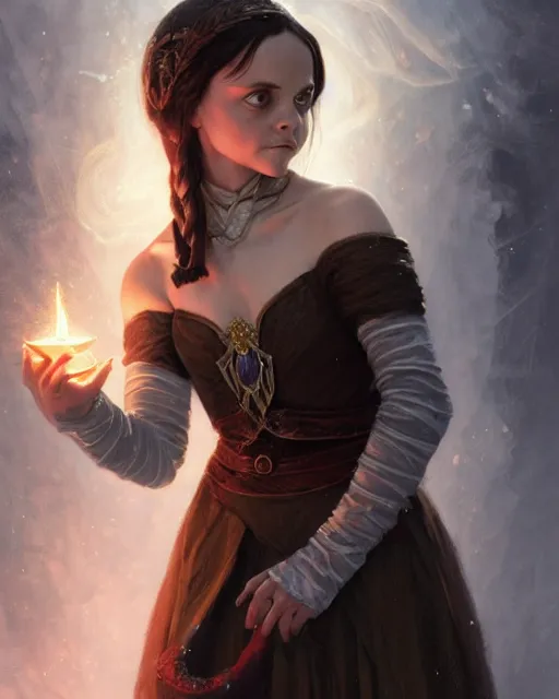 Image similar to Young Christina Ricci casting a ice spell, D&D, fantasy, intricate, elegant, highly detailed, digital painting, artstation, concept art, matte, sharp focus, illustration, hearthstone, art by Artgerm and Greg Rutkowski and Alphonse Mucha