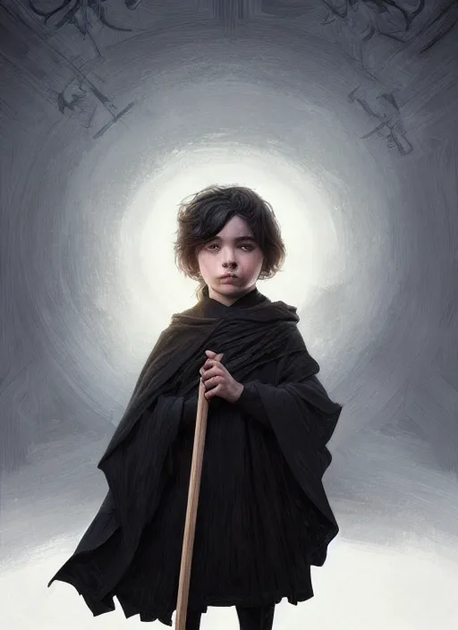 Image similar to perfectly - centered - portrait of a kid wearing black cloak holding stick, intricate, highly detailed, digital painting, artstation, concept art, smooth, sharp focus, illustration, unreal engine 5, 8 k, art by artgerm and greg rutkowski and alphonse mucha