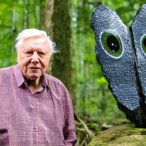 Prompt: Sir David Attenborough in the woods with a small red-eyed Mothman