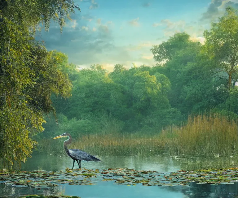 Prompt: a majestic blue heron in shallow river, waterfalls in distance, left border beautiful willow, right border cherry blosom trees, lily pads bullrushes marsh clouds, golden hour intricate luminescent matte painting, highly detailed, artstation