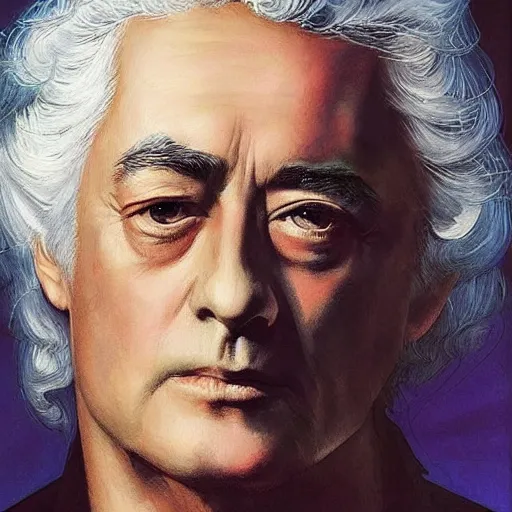 Image similar to amazing artgerm portrait of jimmy page in his 7 0 s as a preraphaelite painting, collaboration with j. scott campbell and artgerm with edward burn jones