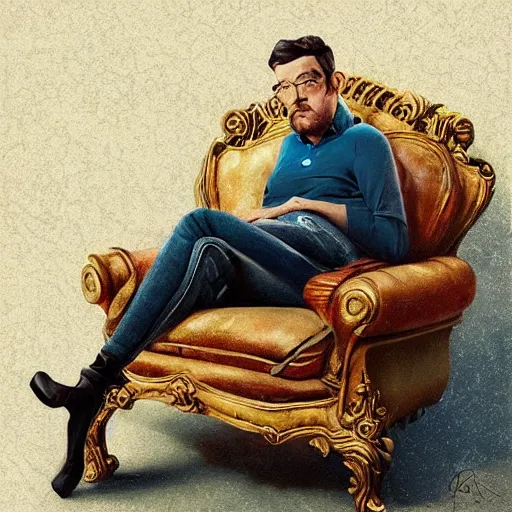 Prompt: lofi portrait on antique sofa, pixar style by Jonathan Yeo and Tom Bagshaw and Joe Fenton