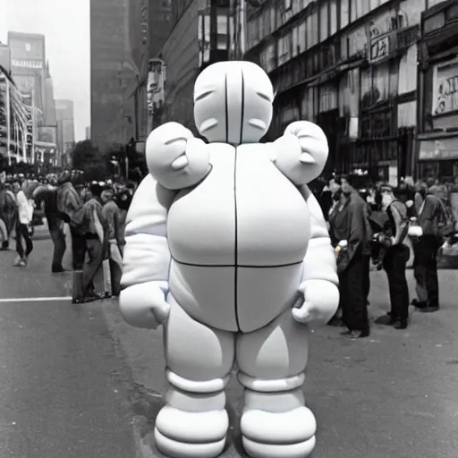 Image similar to kaws Michelin man 1970s street performer