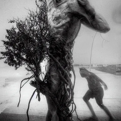 Image similar to The installation art shows a man caught in a storm, buffeted by wind and rain. He clings to a tree for support, but the tree is bent nearly double by the force of the storm. The man's clothing is soaked through and his hair is plastered to his head. His face is contorted with fear and effort. Babylonian by Bruno Munari, by Kazuo Koike energetic