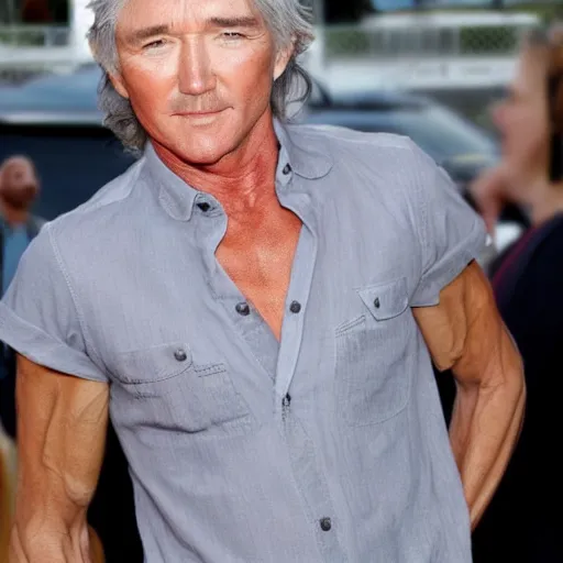 Prompt: patrick duffy mixed with iggy pop, he has very long straight grey hair, wearing a white shirt