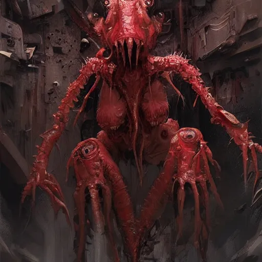 Image similar to concept art by greg rutkowski, a hideous monster in the shape of mantis of twisted flesh and reddish ooze, claustrophobic and futuristic, brutalistic environment, scifi, detailed and intricate environment, high technology, highly detailed portrait, digital painting, artstation, concept art, smooth, sharp foccus ilustration, artstation hq.