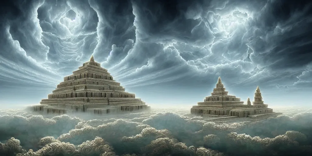 Image similar to hidden imagery floating temple in the sky incredible digital art optical illusion, superb detailed clouds shaped like the second temple in jerusalem, awe inspiring, masterpiece surrealism, digital art trending on artstation awesome award winning