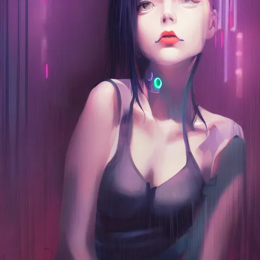 Prompt: a beautiful painting artwork portrait of jinx on a rainy night, cyberpunk, by ilya kuvshinov featured on artstation