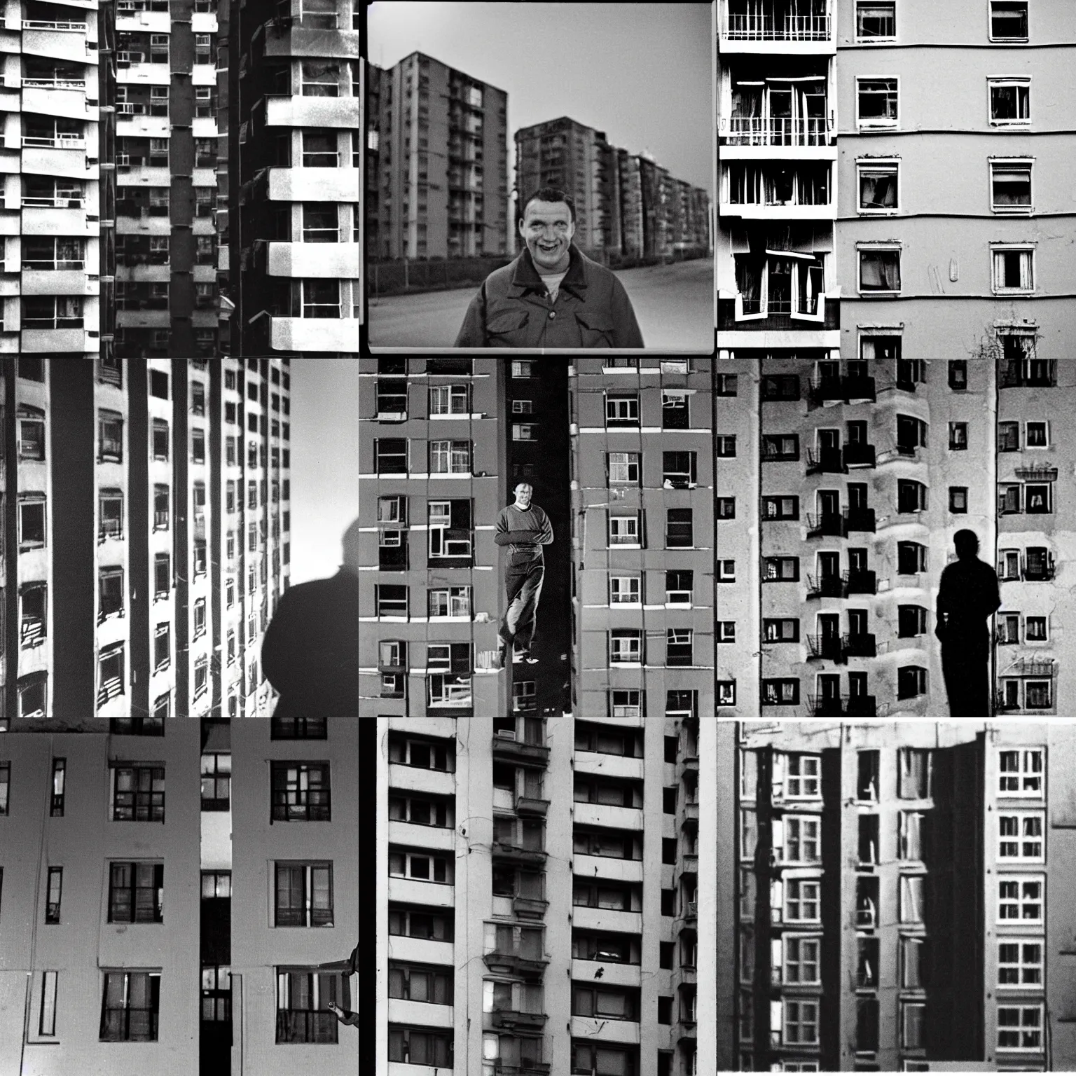 Prompt: night, area with soviet apartment buildings, a man with a terrifying smile is standing on the balcony of a neighboring house and looking at the camera, photo from an old push - button telephone, 1 9 9 0