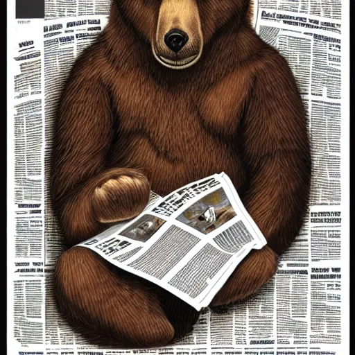 Image similar to a bear wearing a paisley shirt reading newspapers, highly detailed, portrait painting, illustration by scott gustafson and art station