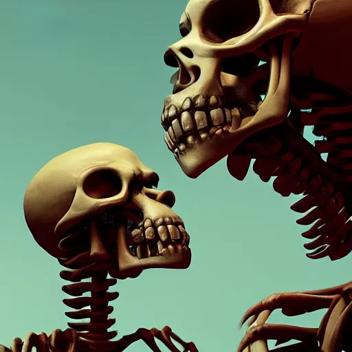 Image similar to A profile of two skeletons facing each other by Simon Stalenhag, Trending on Artstation, Octane Render, 8K