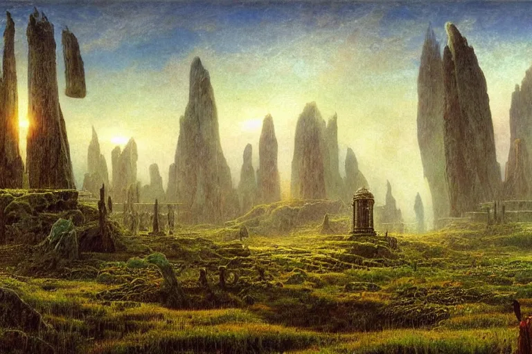 Image similar to neo - atlantean hyperborean overgrown steppe cybernetic cathedral by caspar friedrich, albert bierstadt, james gurney, brian froud