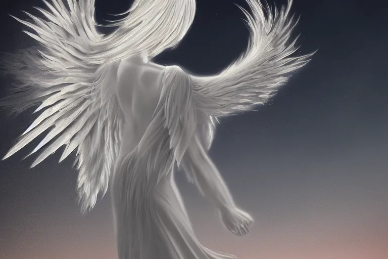 Prompt: a white angel with feathered wings open, digital art, 4k