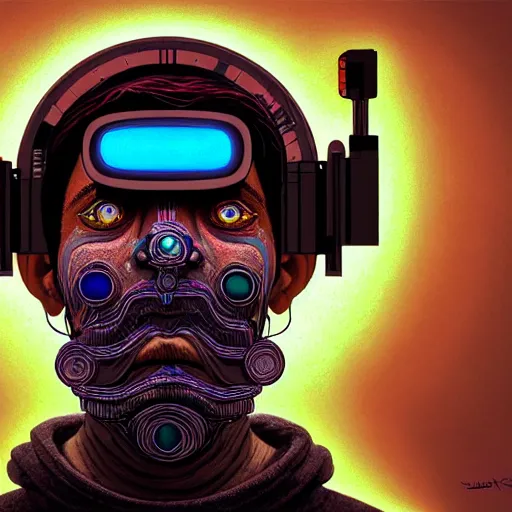 Image similar to Colour Photography of 1000 years old man with highly detailed 1000 years old face wearing higly detailed cyberpunk VR Headset designed by Josan Gonzalez Many details. . In style of Josan Gonzalez and Mike Winkelmann andgreg rutkowski and alphonse muchaand Caspar David Friedrich and Stephen Hickman and James Gurney and Hiromasa Ogura. Rendered in Blender with Minecraft style