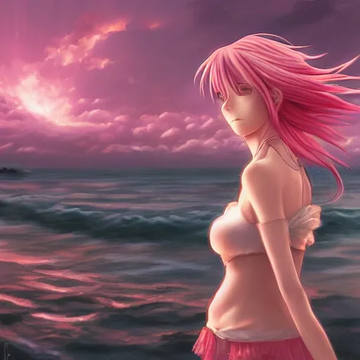 Image similar to anime girl with pink hair watching sunset, by lise deharme,