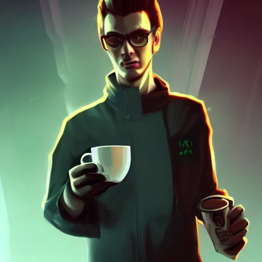 Prompt: portrait of a handsome software developer having a cup of coffee. cyberpunk style, digital art artstation cgsociety