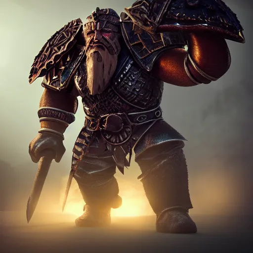 Image similar to a fantasy cinematic shot of a dwarf berserker, warhammer, dd, fighting monsters, octane render, hyperreal, 8 k