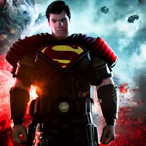 Image similar to Portrait of Donald Trump as superman in Gears of War, splash art, movie still, cinematic lighting, dramatic, octane render, long lens, shallow depth of field, bokeh, anamorphic lens flare, 8k, hyper detailed, 35mm film grain