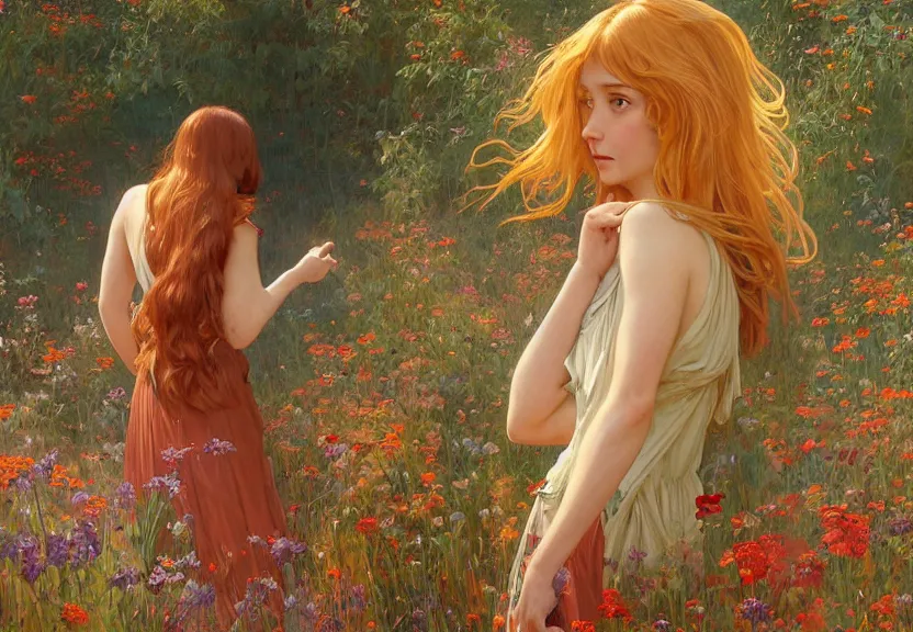 Prompt: a woman seen from behind from far away with copper hair and a flowing sundress surrounded by wildflowers, fine details by realistic shaded lighting poster by ilya kuvshinov katsuhiro otomo, magali villeneuve, artgerm, jeremy lipkin and michael garmash and rob rey, art nouveau, alphonse mucha, william - adolphe bouguereau, golden hour