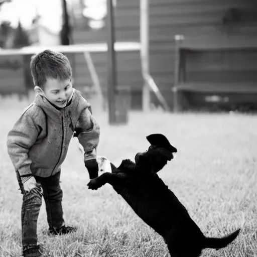 Image similar to a short young man named hunter playing with his black and white dog