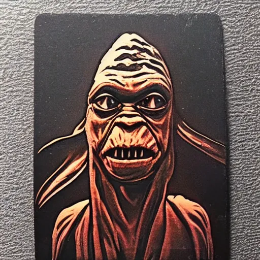 Image similar to a nicely lit creepy scary mysterious high definition digital 8 0 mm photo of jar jar binks yoda zardoz boba fett priest lord holy man ancient engraving about aliens and marijuana