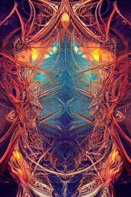 Image similar to a symmetrical fever dream by android jones, ornate border, trending on artstation