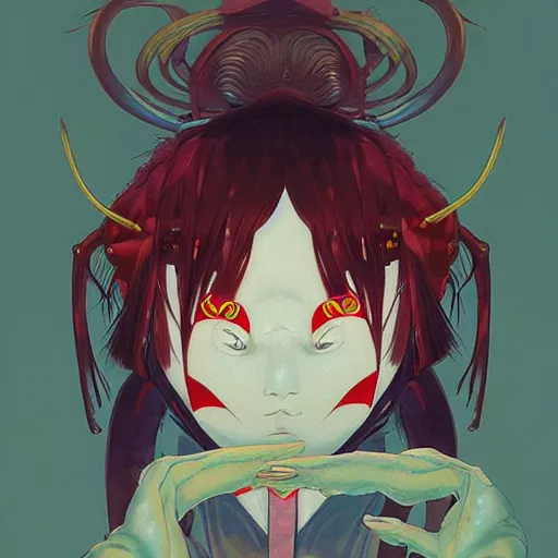 Image similar to prompt : yokai portrait soft light painted by james jean and katsuhiro otomo and erik jones, inspired by evangeleon anime, smooth face feature, intricate oil painting, high detail illustration, sharp high detail, manga and anime 1 9 9 9