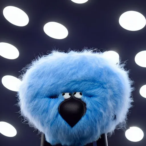 Prompt: nike fluffy monster made of very fluffy blue faux fur placed on reflective surface, nike logo, professional advertising, overhead lighting, heavy detail, realistic by nate vanhook, mark miner