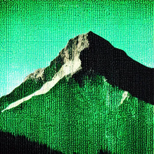 Prompt: Mountain bright HD 4k Green and black Realistic colorful Matrix Glitching code in the style of Ansel Adams