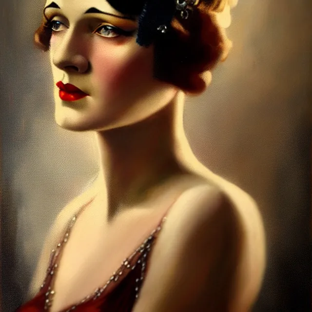 Image similar to 1 9 2 0 s woman in a flapper portrait, atmospheric lighting, painted, intricate, ultra detailed by frank frazetta, leesha hannigan, thierry doizon, kai carpenter, well composed, best on artstation, cgsociety, epic, stunning, gorgeous, intricate detail, wow, masterpiece