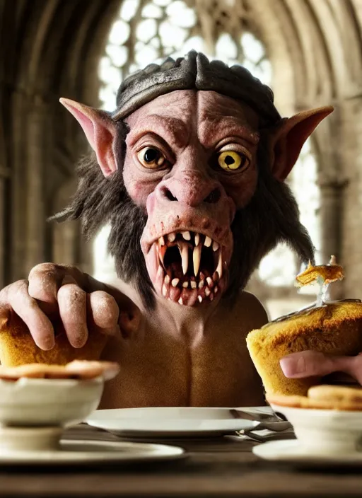 Image similar to closeup portrait of a medieval goblin eating cakes in the abbey, depth of field, zeiss lens, detailed, symmetrical, centered, fashion photoshoot, by annie leibovitz and steve mccurry, david lazar, jimmy nelsson, breathtaking, 8 k resolution, extremely detailed, beautiful, establishing shot, artistic, hyperrealistic, beautiful face, octane render