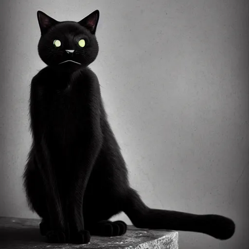 Prompt: [ threateningly supposed evil anthropomorphic black cat ]! illustrated by [ trevor henderson ]!, horror! art style, macabre feel, dark! atmosphere and lighting, 4 k photorealistic! photography, shot by jimmy nelson, trending on [ unsplash ]!, contest winner, cgsociety photorealism, award winning, full - body!