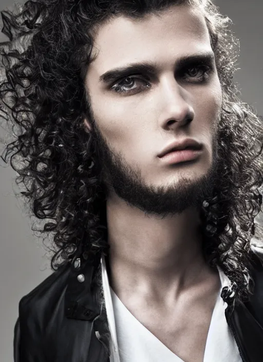 Image similar to a male model in designer clothes ; long curly hair ; pretty face ; high fashion ; editorial look ; unreal engine