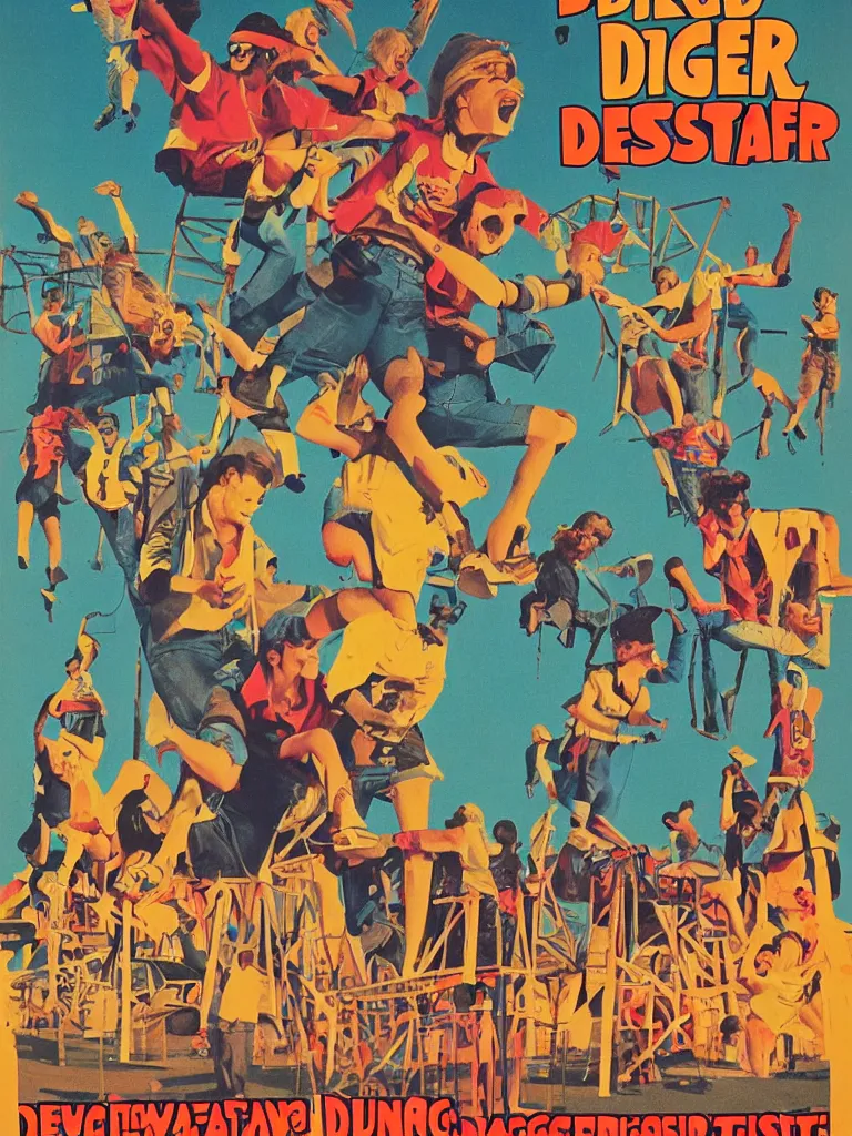 Image similar to poster for the diggerfest festival, digger land amusement park, concert, couple dancing, really good vibes, creative, 1 9 8 0 s, aesthetic