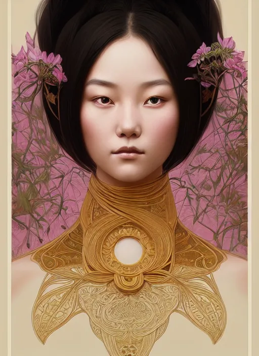 Image similar to symmetry portrait of floral yunnan girl, intricate, elegant, highly detailed, digital painting, artstation, concept art, smooth, sharp focus, illustration, art by artgerm and greg rutkowski and alphonse mucha, 8 k