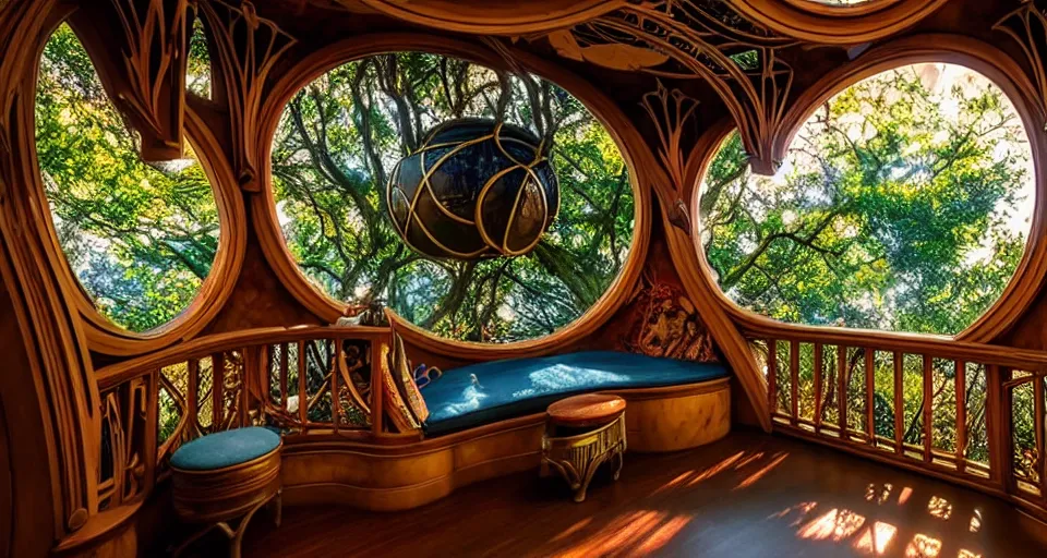 Image similar to An incredibly beautiful scene from a 2022 Marvel film featuring a cozy art nouveau reading nook balcony in a fantasy treehouse interior. 8K UHD.