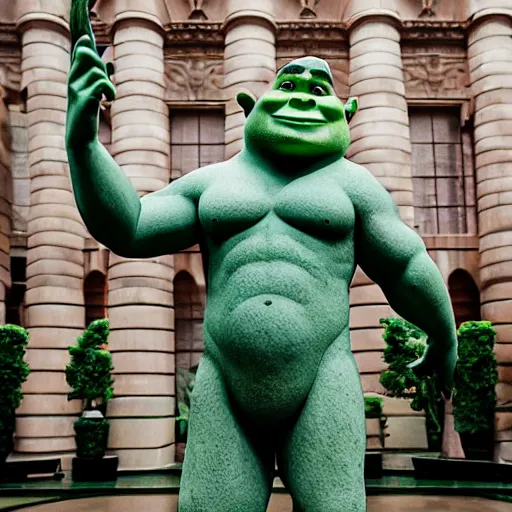 Prompt: A monumental, 10 feet tall marble sculpture of Shrek standing, in the middle of a rainy courtyard, natural overcast lighting, museum catalog photography, F 2.8, 85mm Velvia 100, high DOF